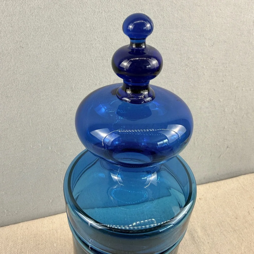 Vintage Empoli Style Italian Blue Glass Apothecary Jar with Lid MCM 14" Italy - Picture 3 of 9